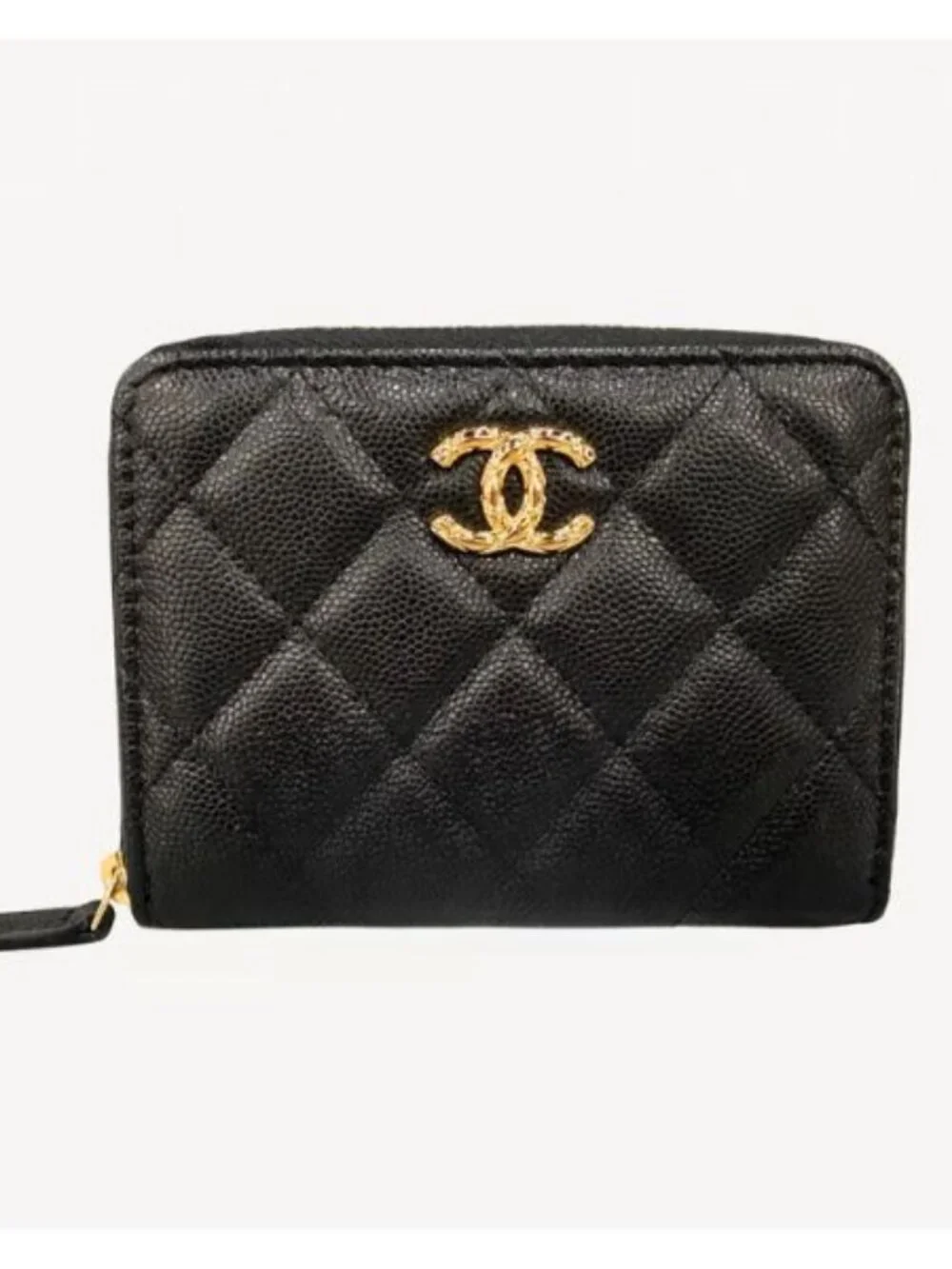 Authentic Chanel Small Zipped Pocket Wallet — Black Caviar Leather, Gold Hardwar